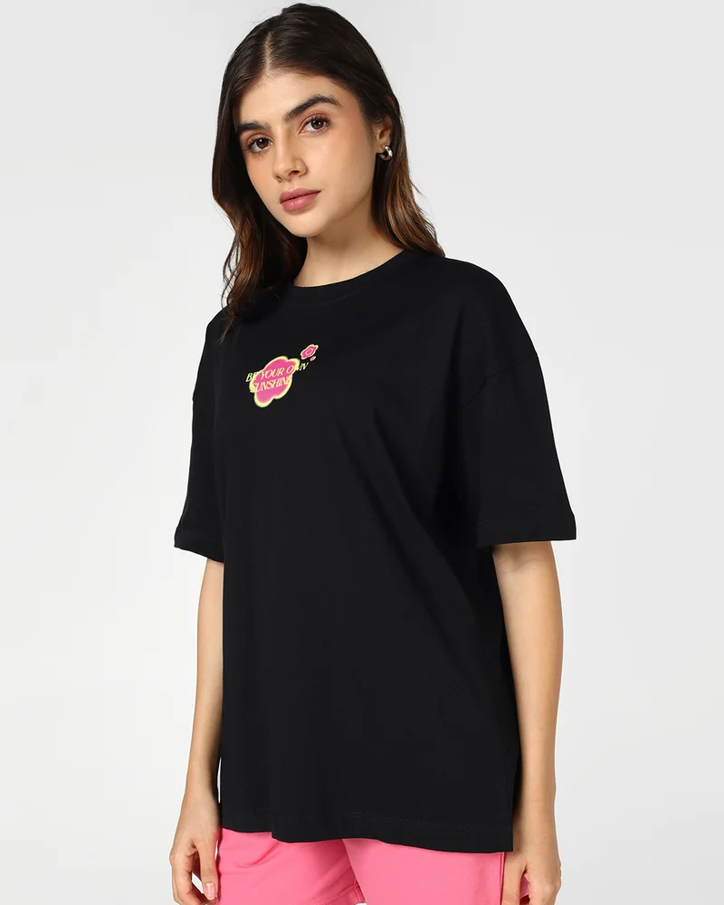 بيواكوف Women's Black Sunshine Graphic Printed Oversized T-shirt